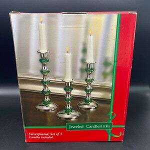 Vintage Macy's Jeweled Candlesticks Silverplated Set of 3 Open Box VTG 2002